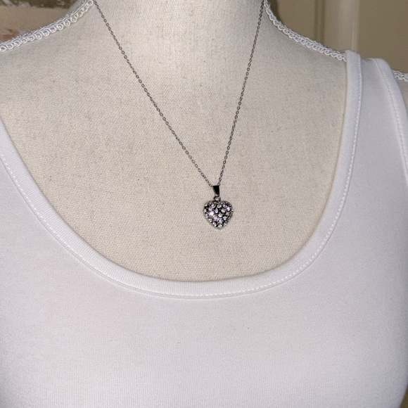 Romantic Silver Heart Pavé Rhinestone Pendant 18” Necklace - Picture 6 of 11
